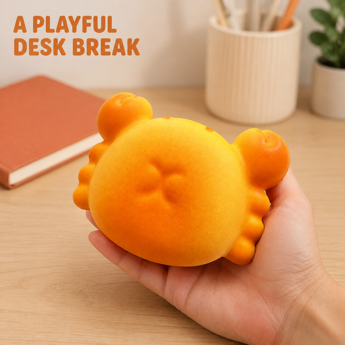 Large orange crab squishy in a playful home-office scene