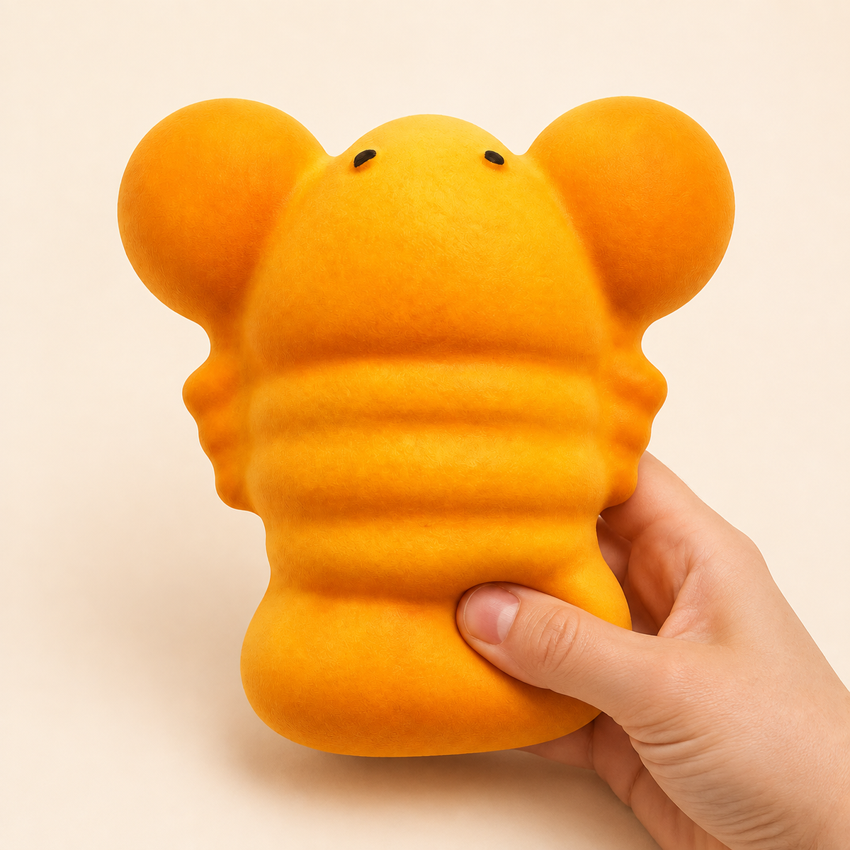 Large orange lobster squishy with a hand gently squeezing the lower-right tail
