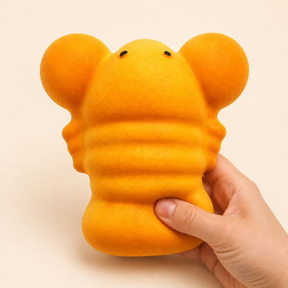 Large orange lobster squishy with a hand gently squeezing the lower-right tail