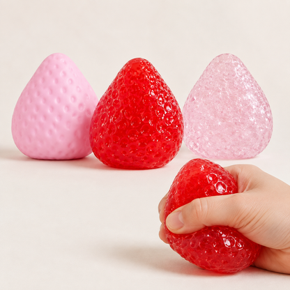 Three-Colour Large Strawberry TPR Squeeze Toy hero with Red Pink Crystal variants and hand squeeze