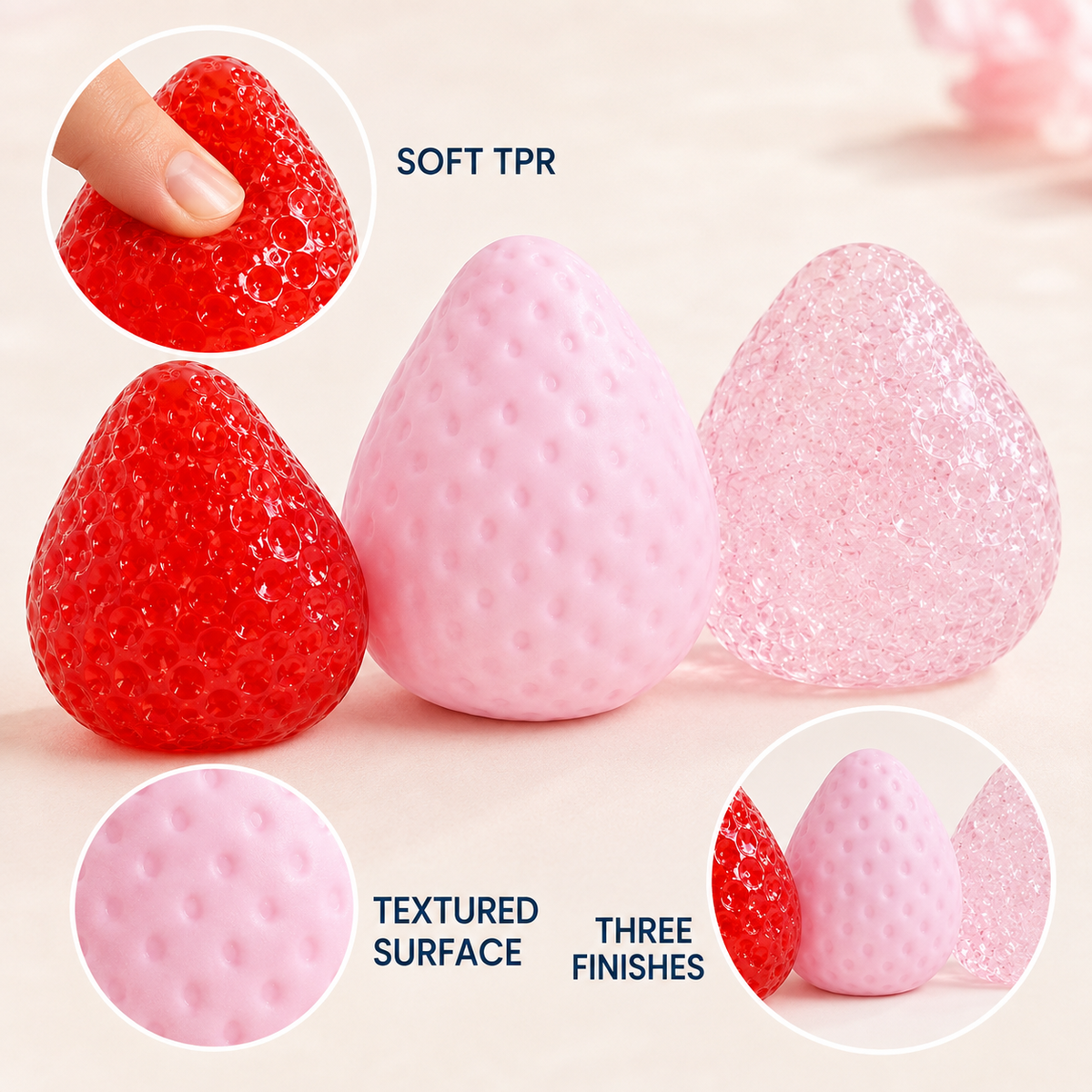 Large Strawberry TPR Squeeze Toy material texture and three finishes
