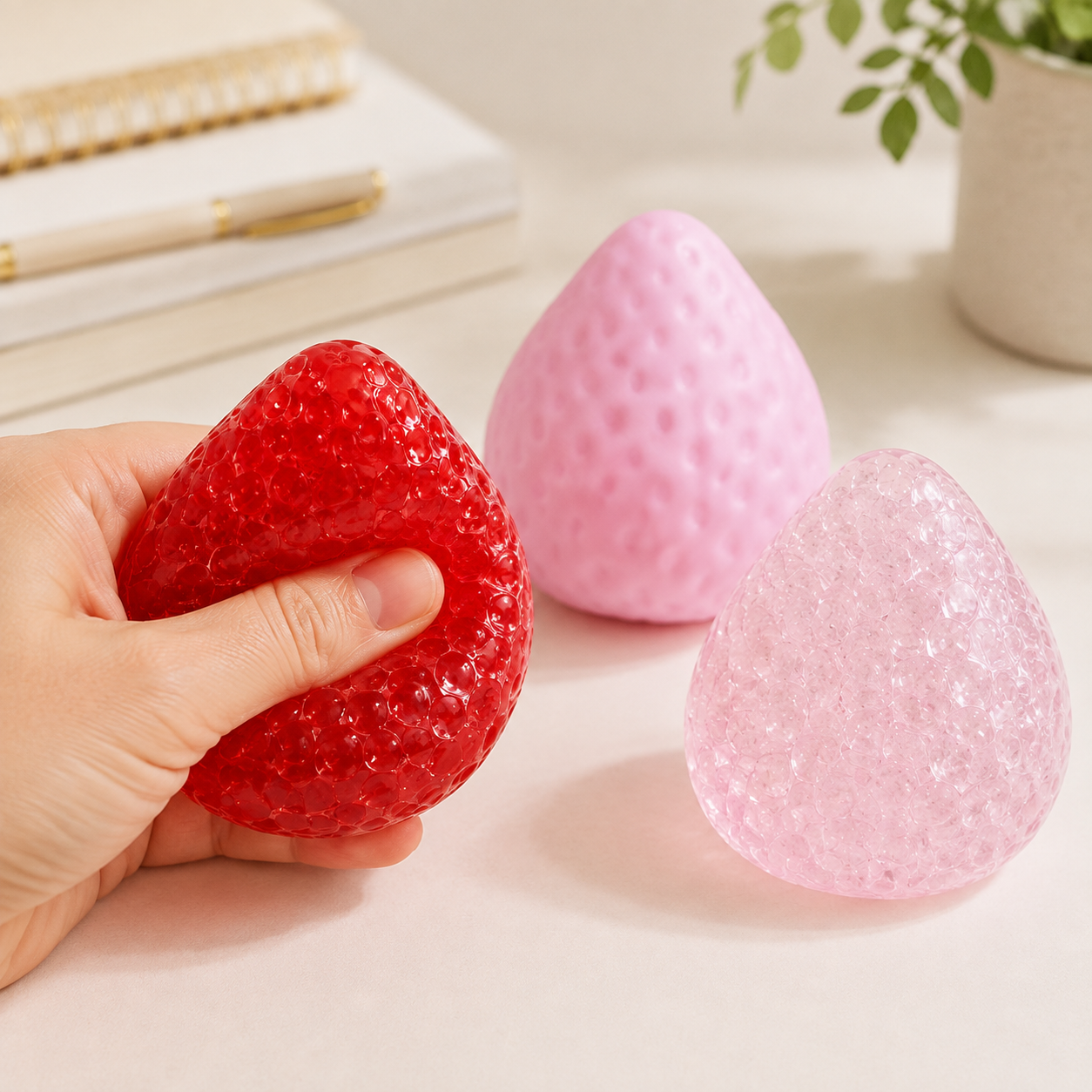 Large Strawberry TPR Squeeze Toy desk lifestyle with all three variants