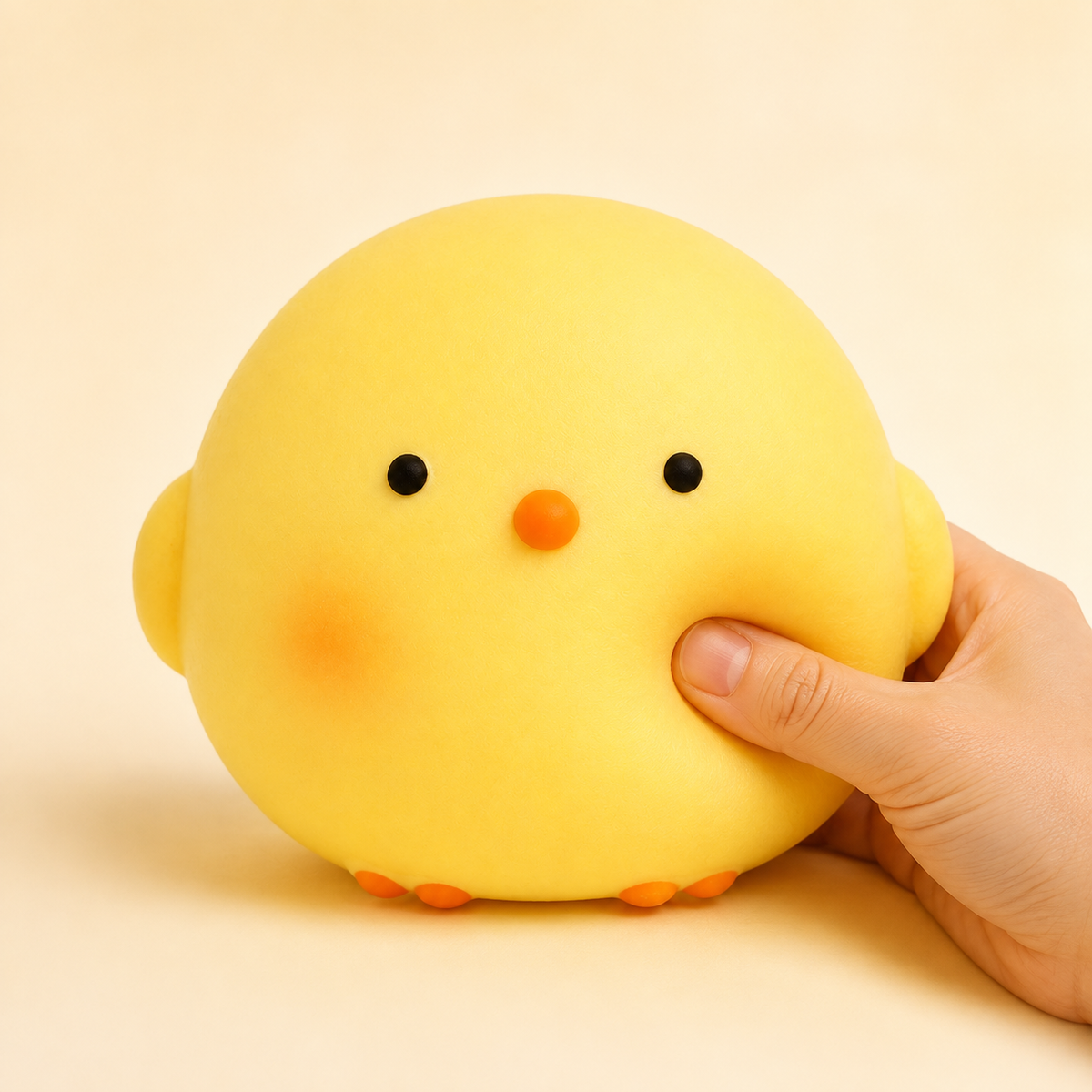 Large yellow chicken squishy shown being pressed by hand