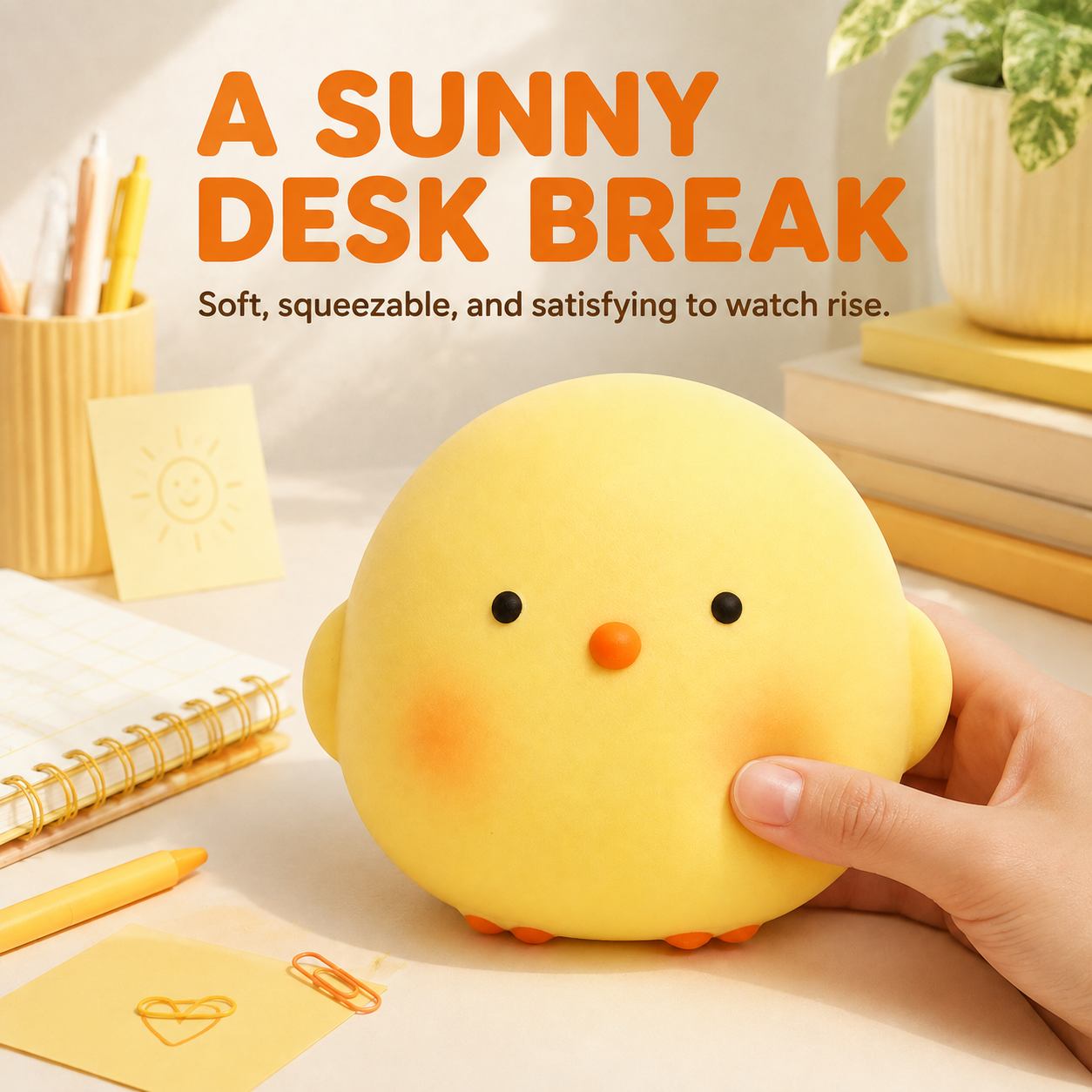 Large yellow chicken squishy desk lifestyle
