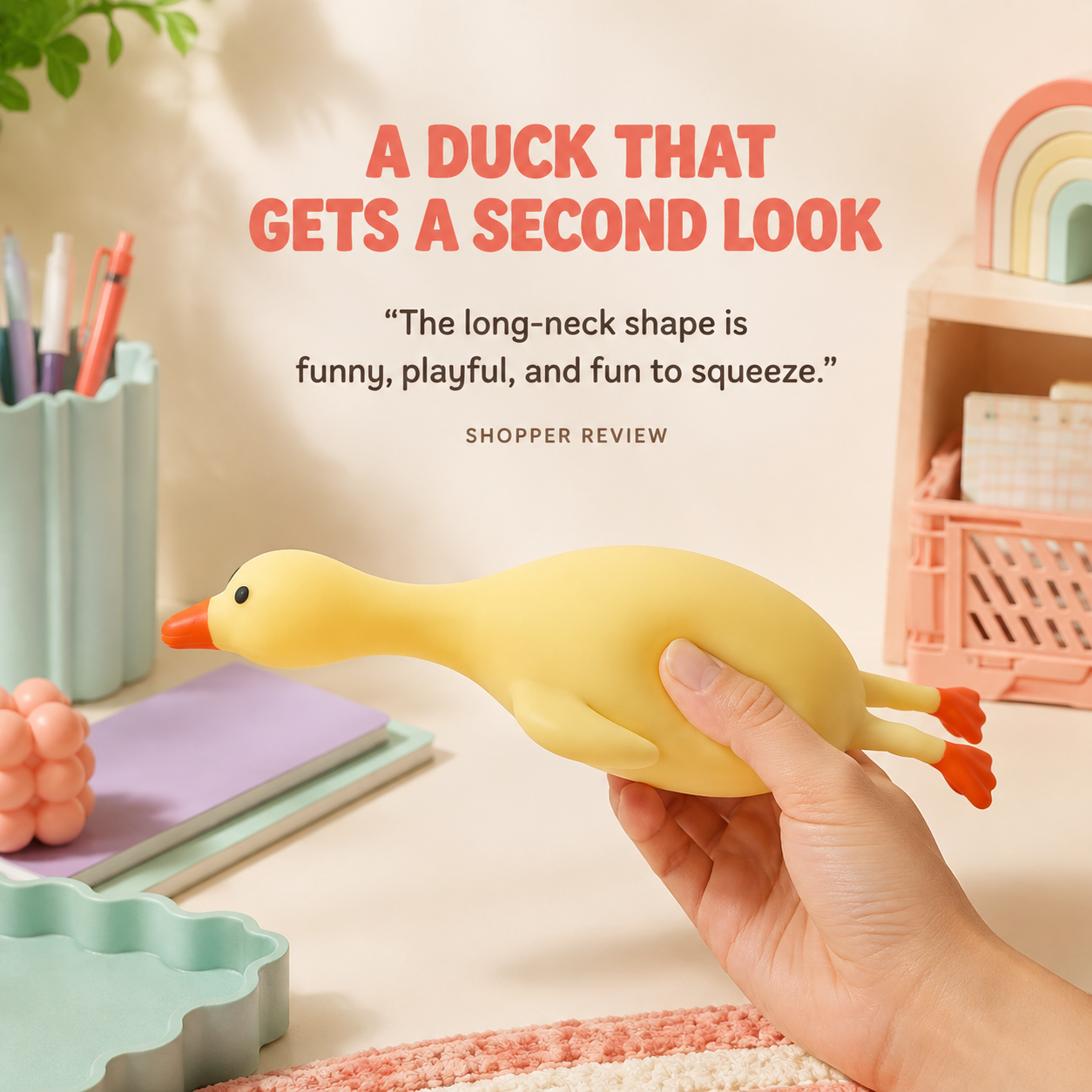 Long-neck duck squeeze toy lifestyle scene