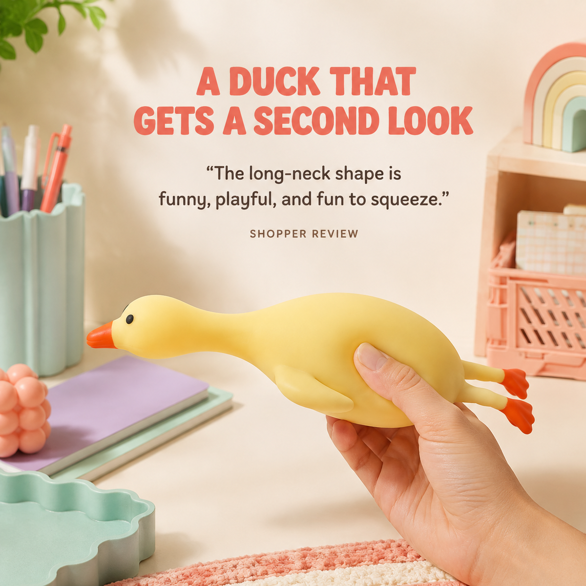 Long-neck duck squeeze toy lifestyle scene