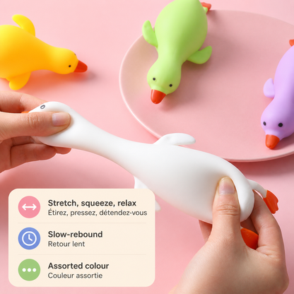 Long-neck duck squishy toy details in English and French