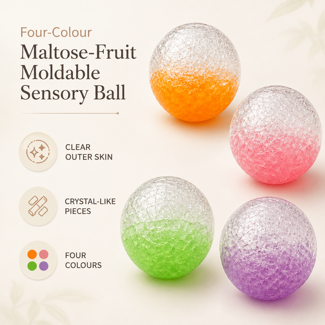 Four-Colour Maltose-Fruit Moldable Sensory Ball – 6 cm — Features