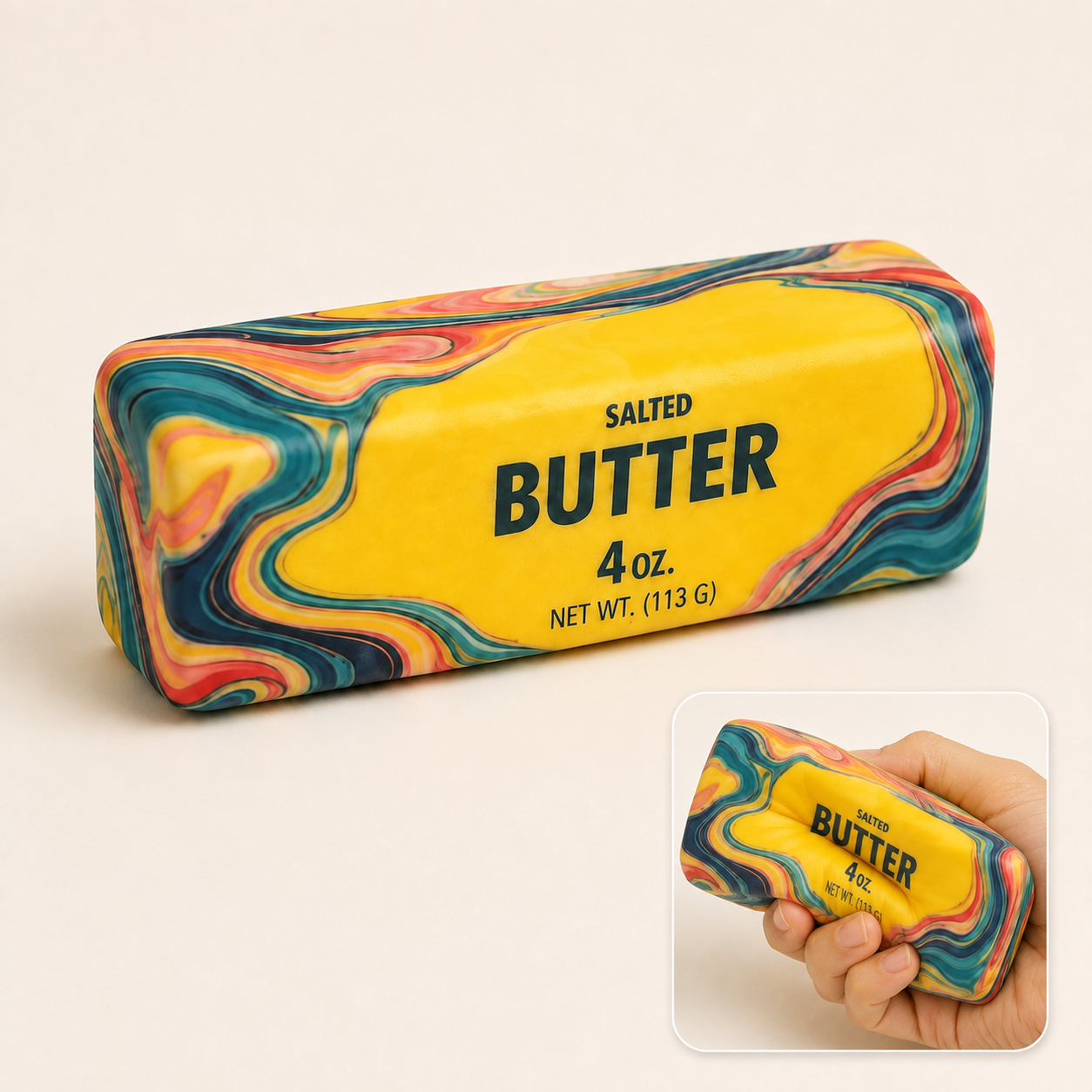 Marbled butter stick squishy with hand-squeeze demonstration