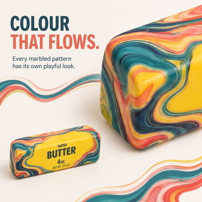 Colourful marbled print details on the butter stick squishy
