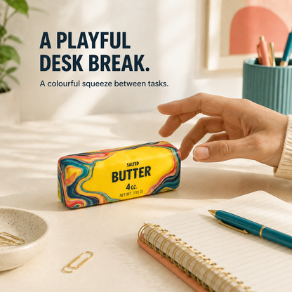 Marbled butter stick squishy on a bright desk