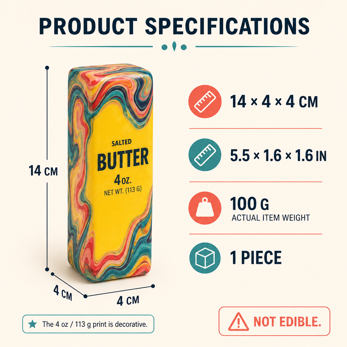 Marbled butter stick squishy dimensions 14 by 4 by 4 cm and 100 g actual weight