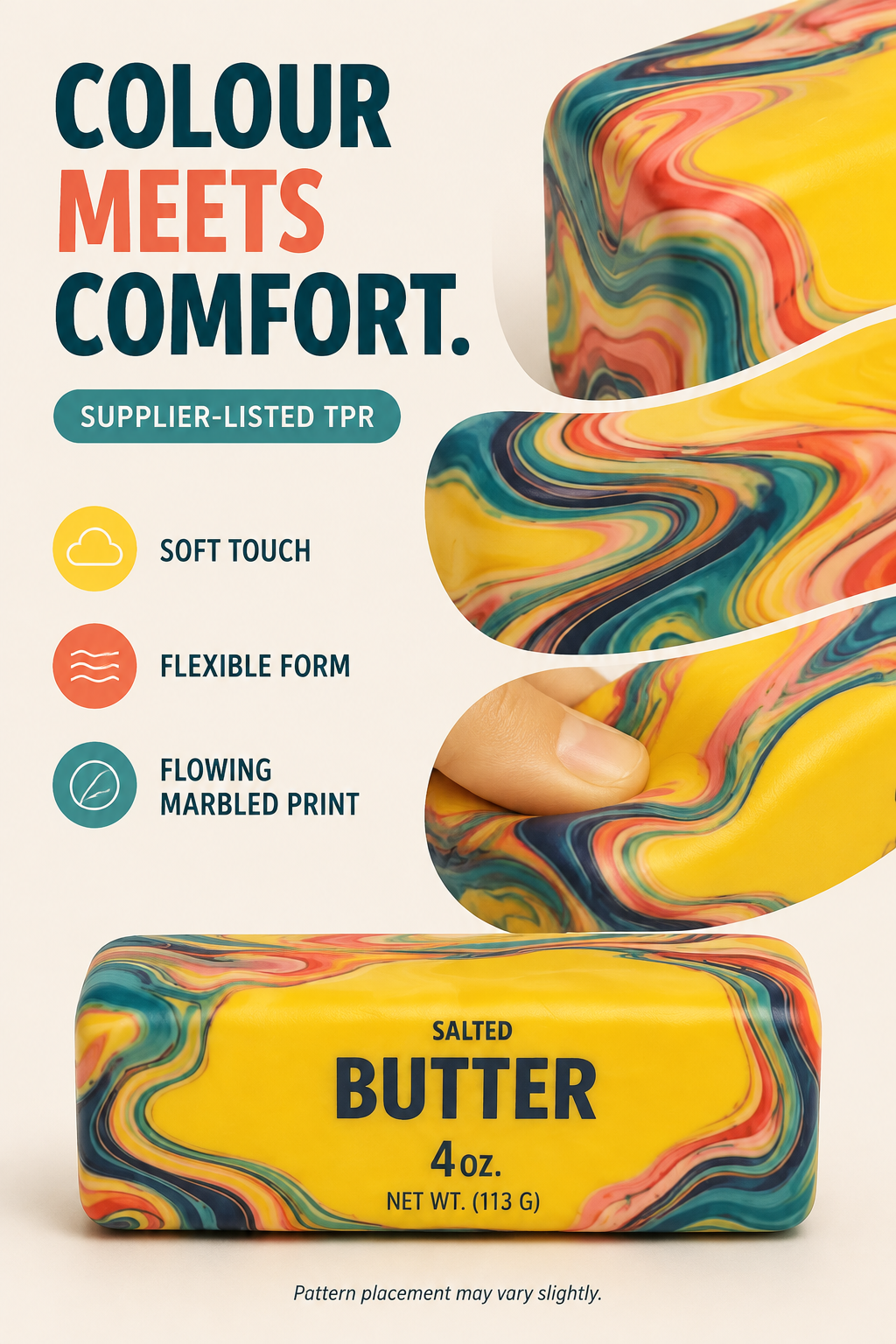TPR material and flowing marbled print details