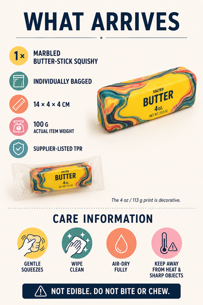 Marbled butter stick squishy package contents dimensions weight and care