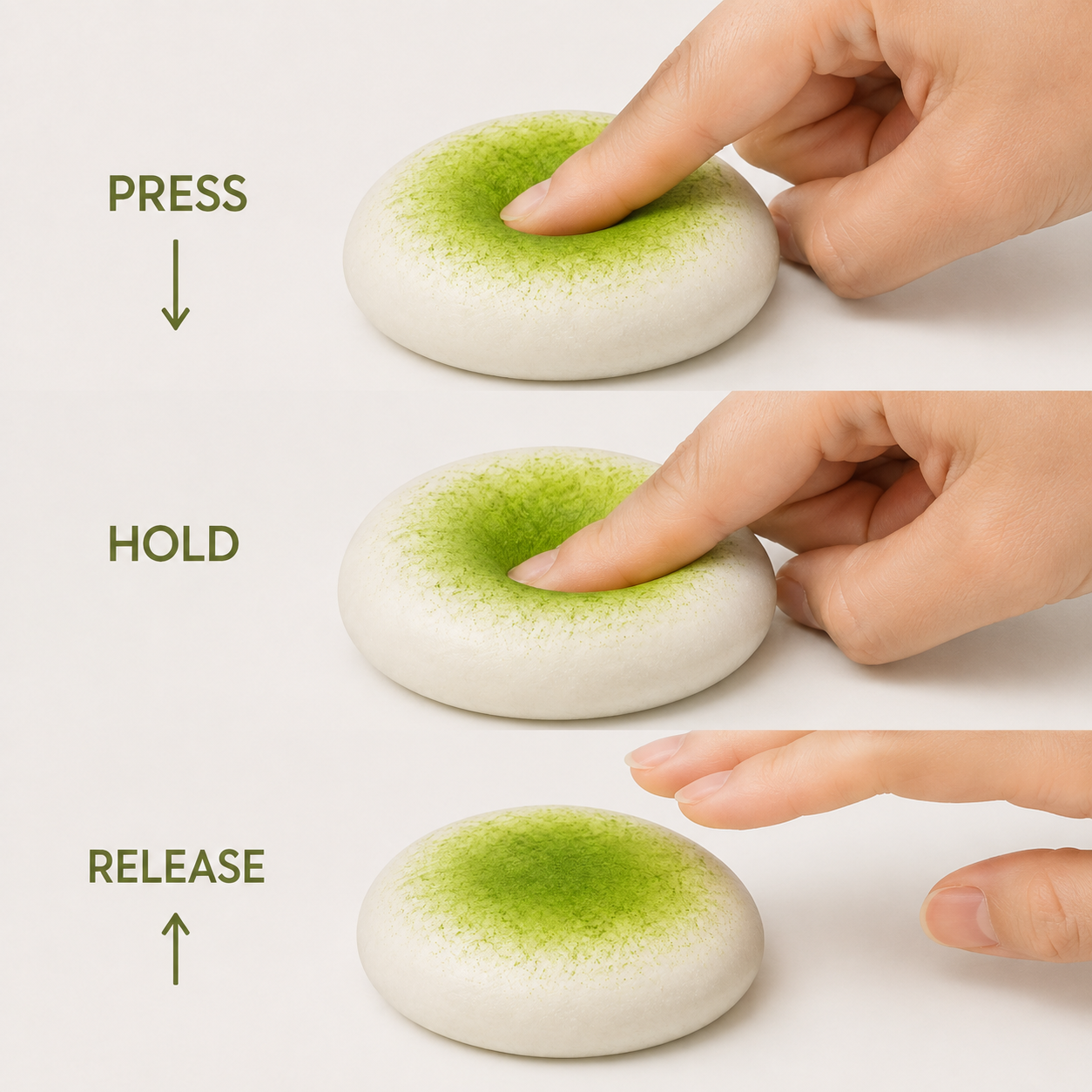 Matcha mochi fluid-filled sensory squeeze toy how-to sequence