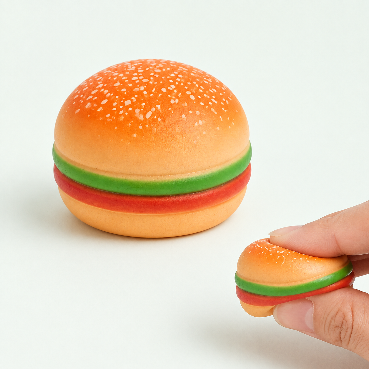 Mini 5 cm burger sensory squeeze toy hero with hand-squeeze demonstration