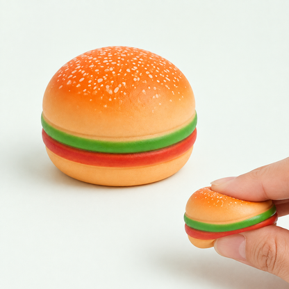 Mini 5 cm burger sensory squeeze toy hero with hand-squeeze demonstration