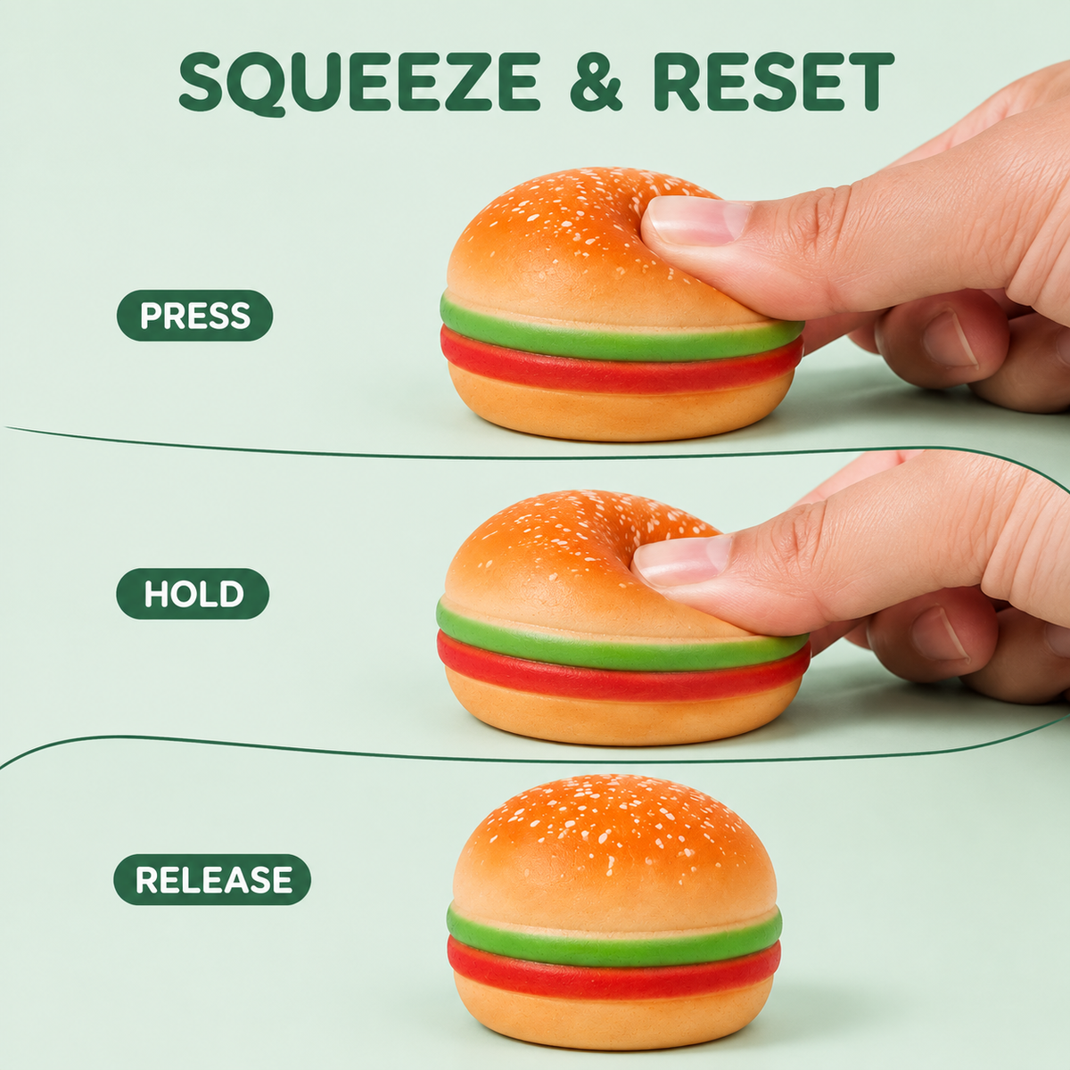 Mini 5 cm burger sensory squeeze toy press hold release guide