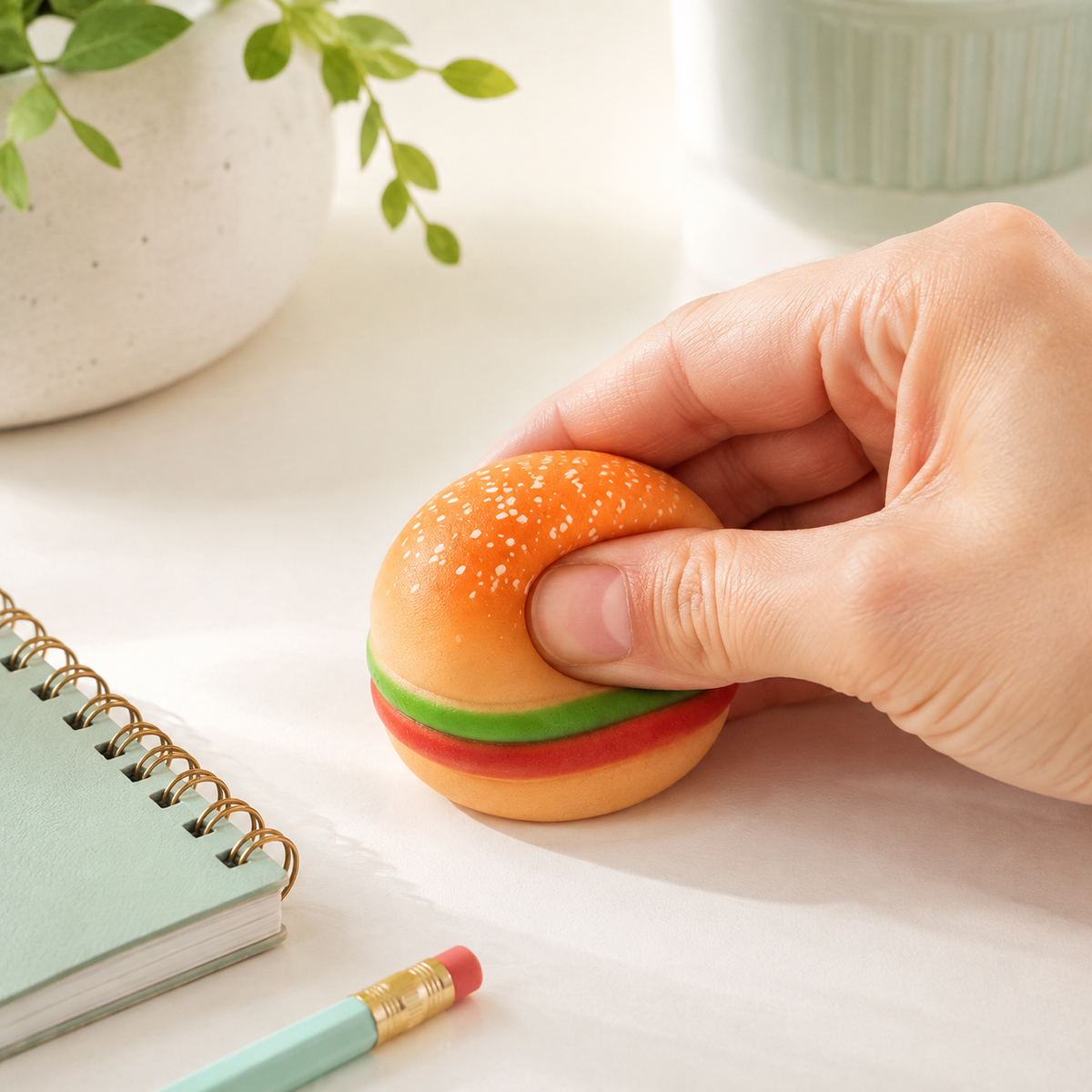 Mini 5 cm burger sensory squeeze toy lifestyle use