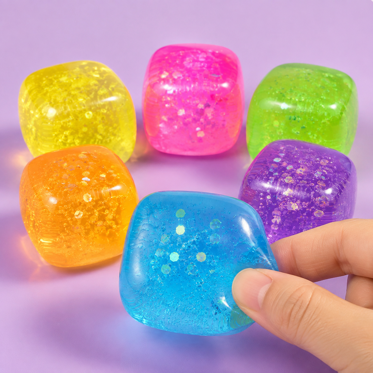 Six mini aurora gel cube colors with a hand pinching the blue cube
