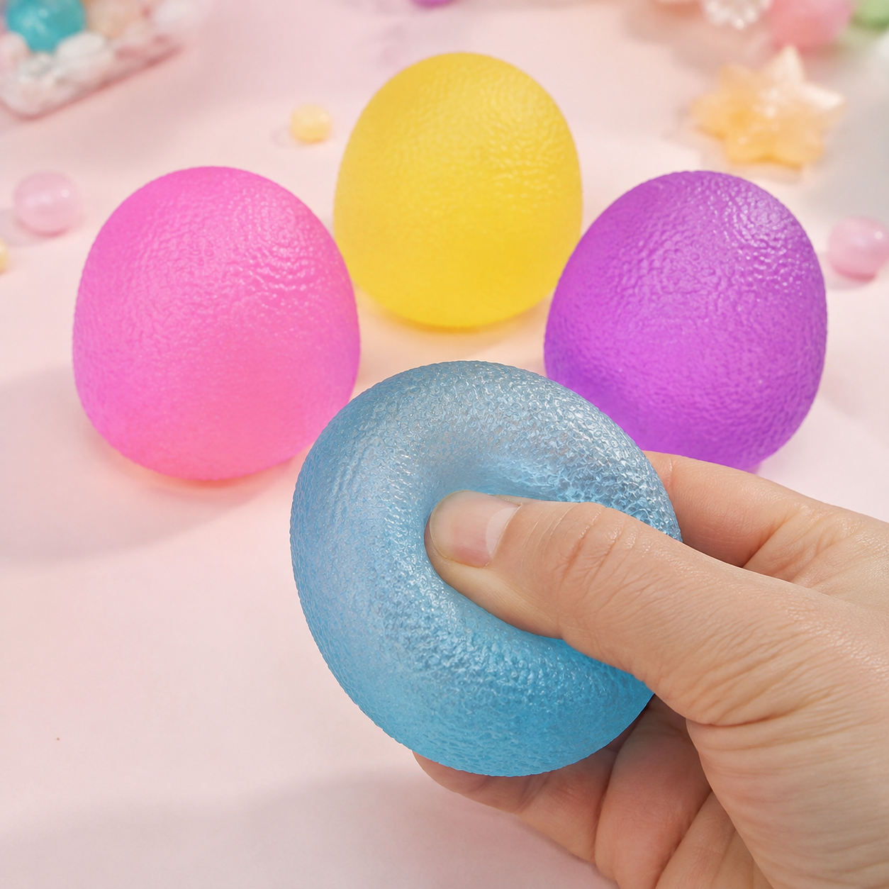 Four mini colourful candy gel toys with a hand pressing the blue one