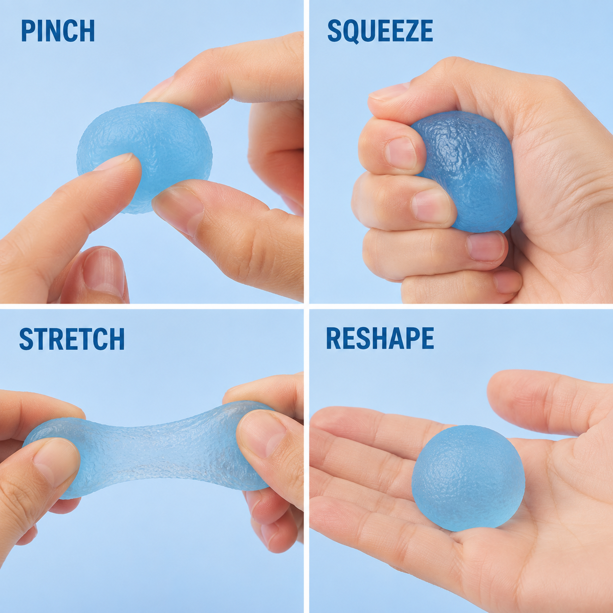 Blue mini candy gel toy pinch squeeze stretch and reshape guide