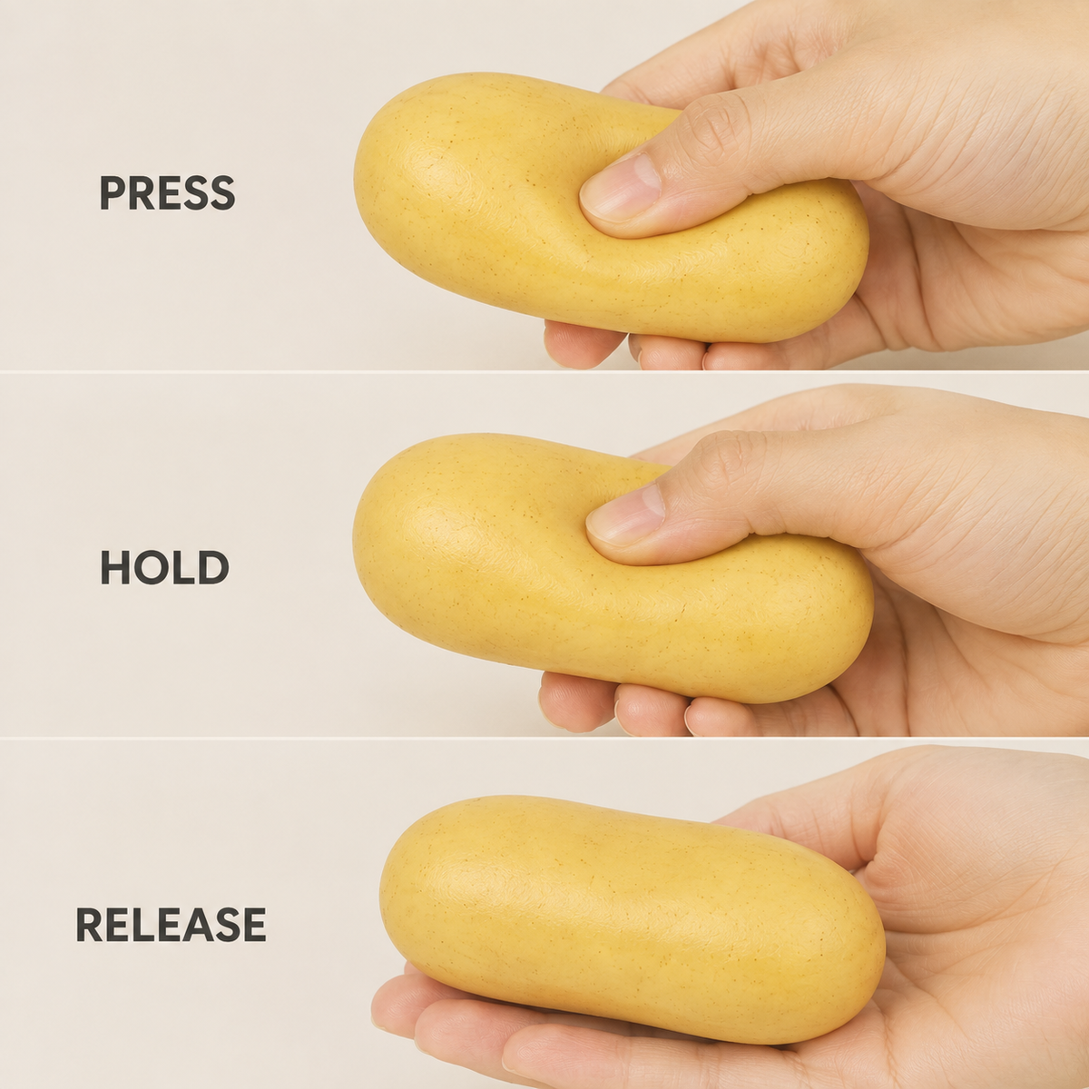 Mini potato fluid-filled sensory squeeze toy how-to sequence