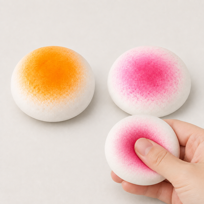 Mango and strawberry mochi fluid-filled sensory squeeze toy hero and squeeze action