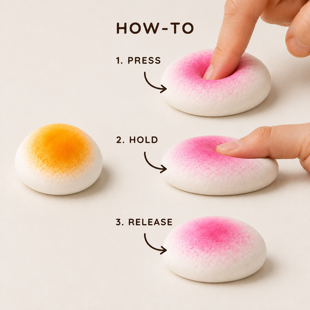 Mango and strawberry mochi fluid-filled sensory squeeze toy how-to sequence