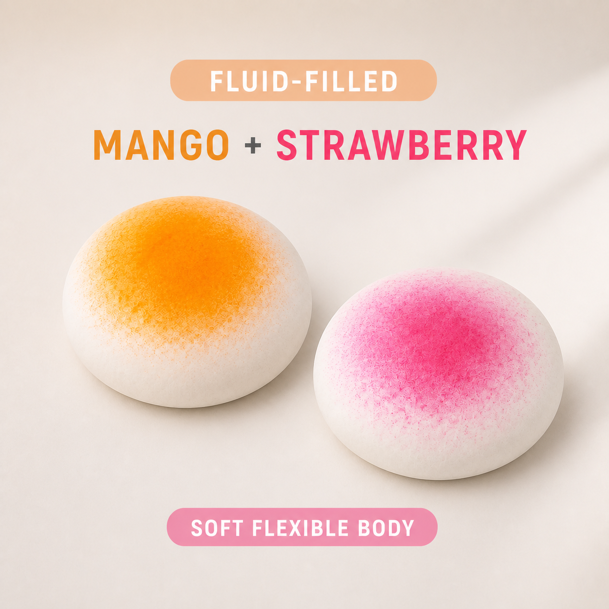 Mango and strawberry mochi fluid-filled sensory squeeze toy feature details