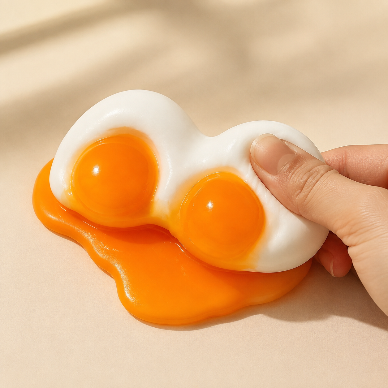 Hand pressing a double-yolk sensory squeeze toy