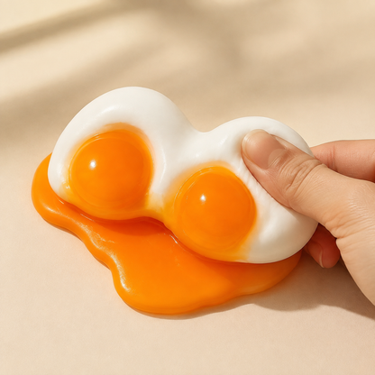 Hand pressing a double-yolk sensory squeeze toy