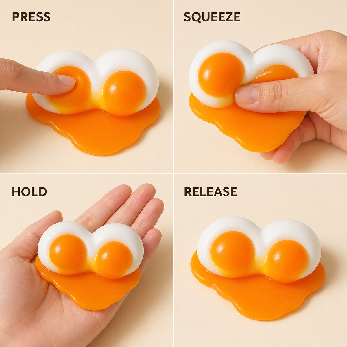 Double-yolk toy press squeeze hold and release guide
