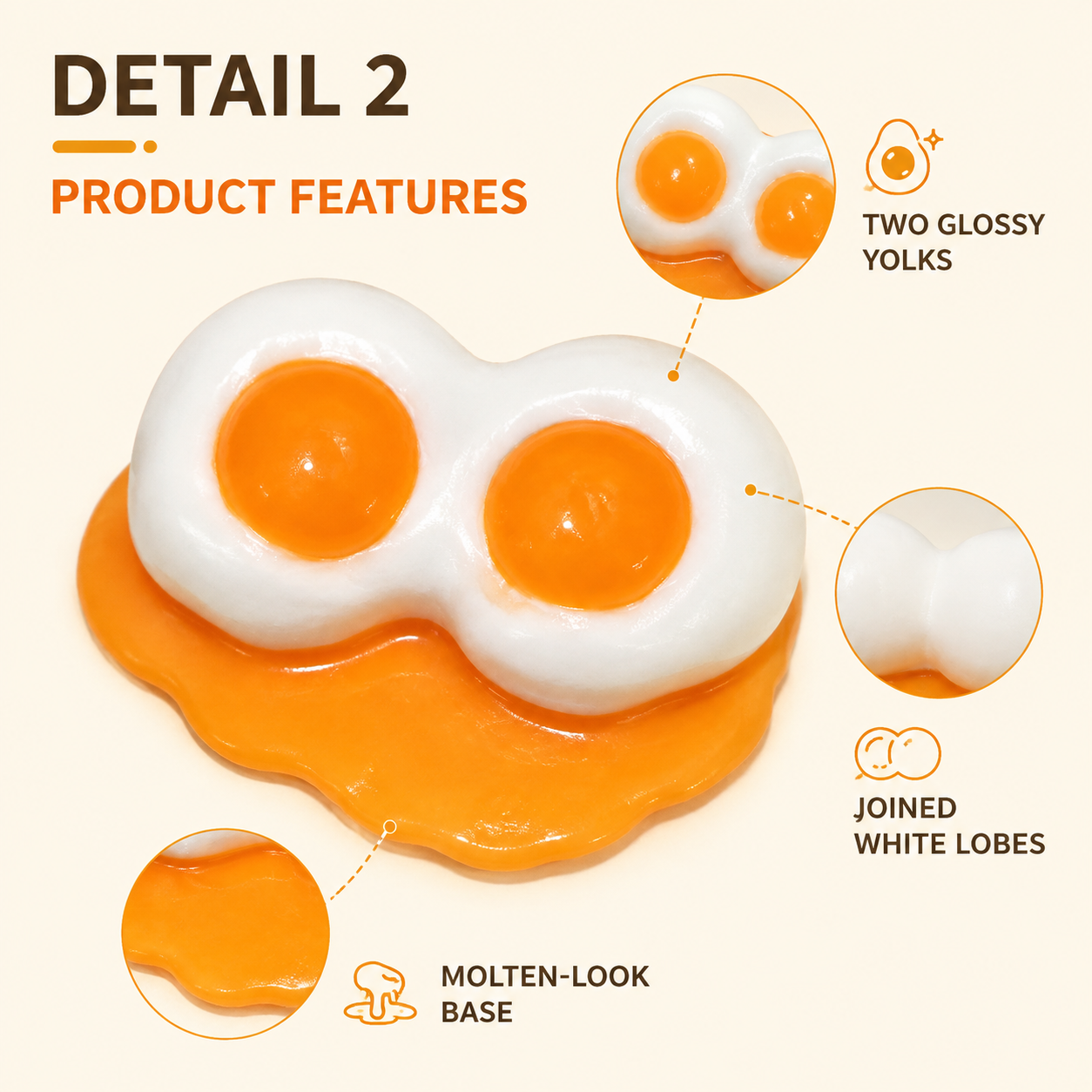 Double-yolk toy glossy yolks joined white lobes and molten-look base