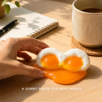 Double-yolk sensory toy in a warm desk scene