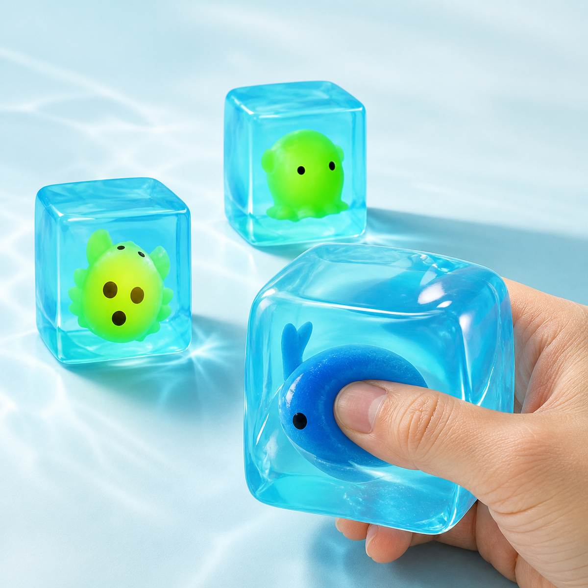 Three ocean dango gel cubes with a hand pressing the blue whale design