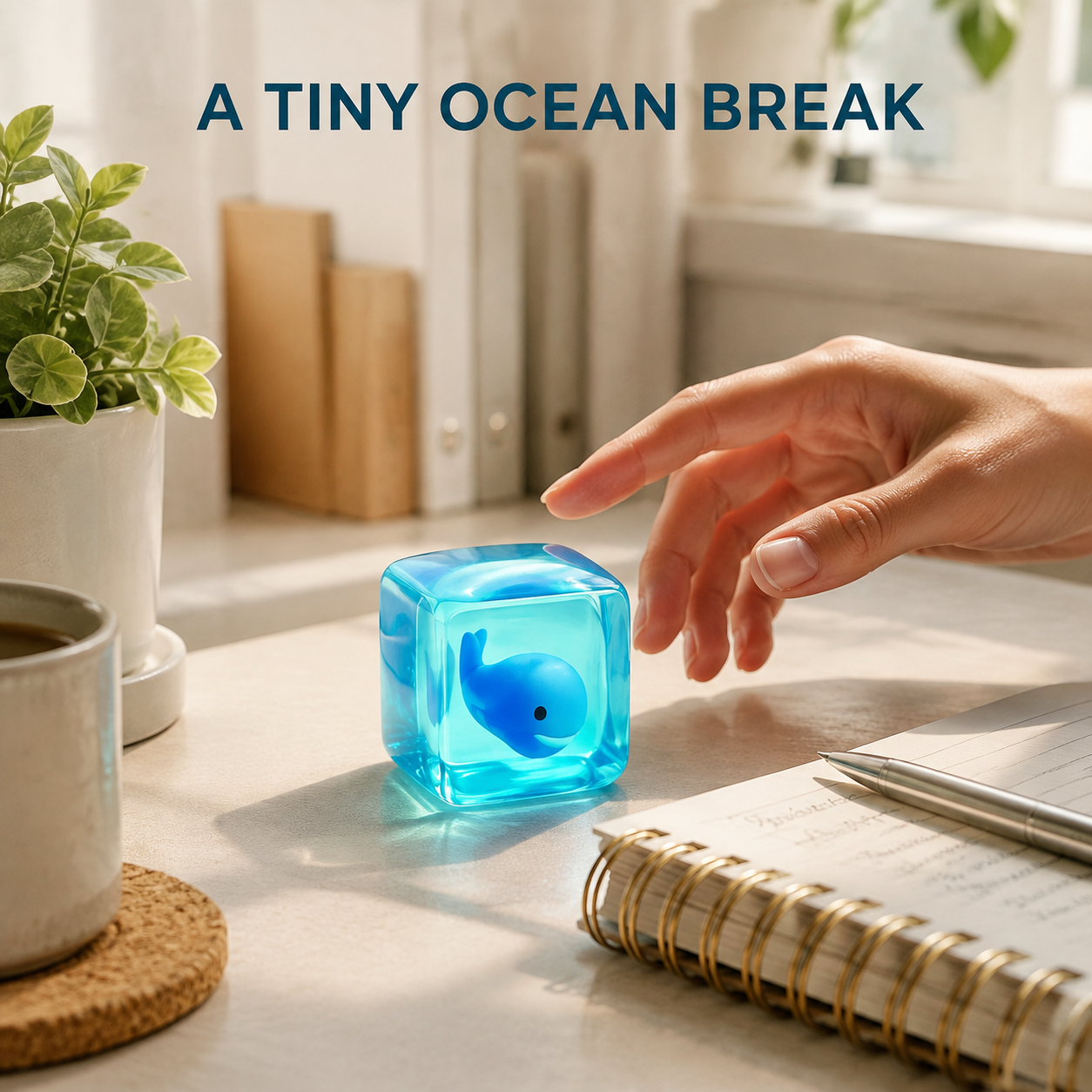 Blue whale ocean dango gel cube on a bright home-office desk