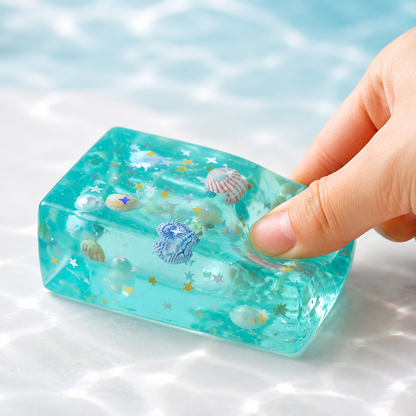 Ocean shell aqua gel block with a hand pressing one corner