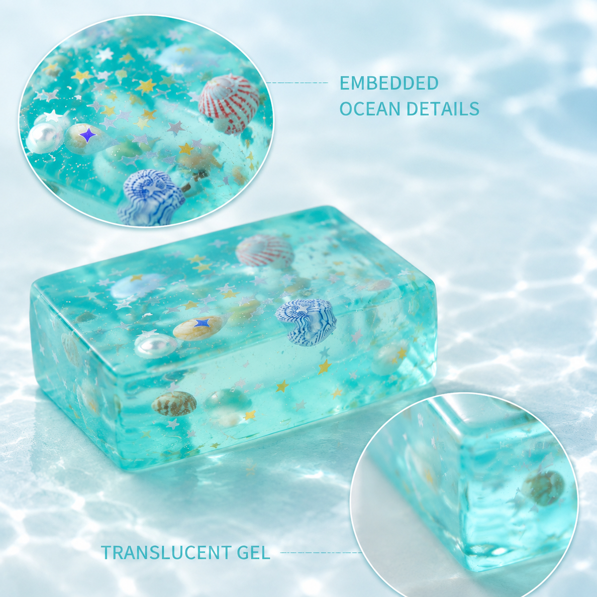 Ocean shell aqua gel block embedded details and translucent gel