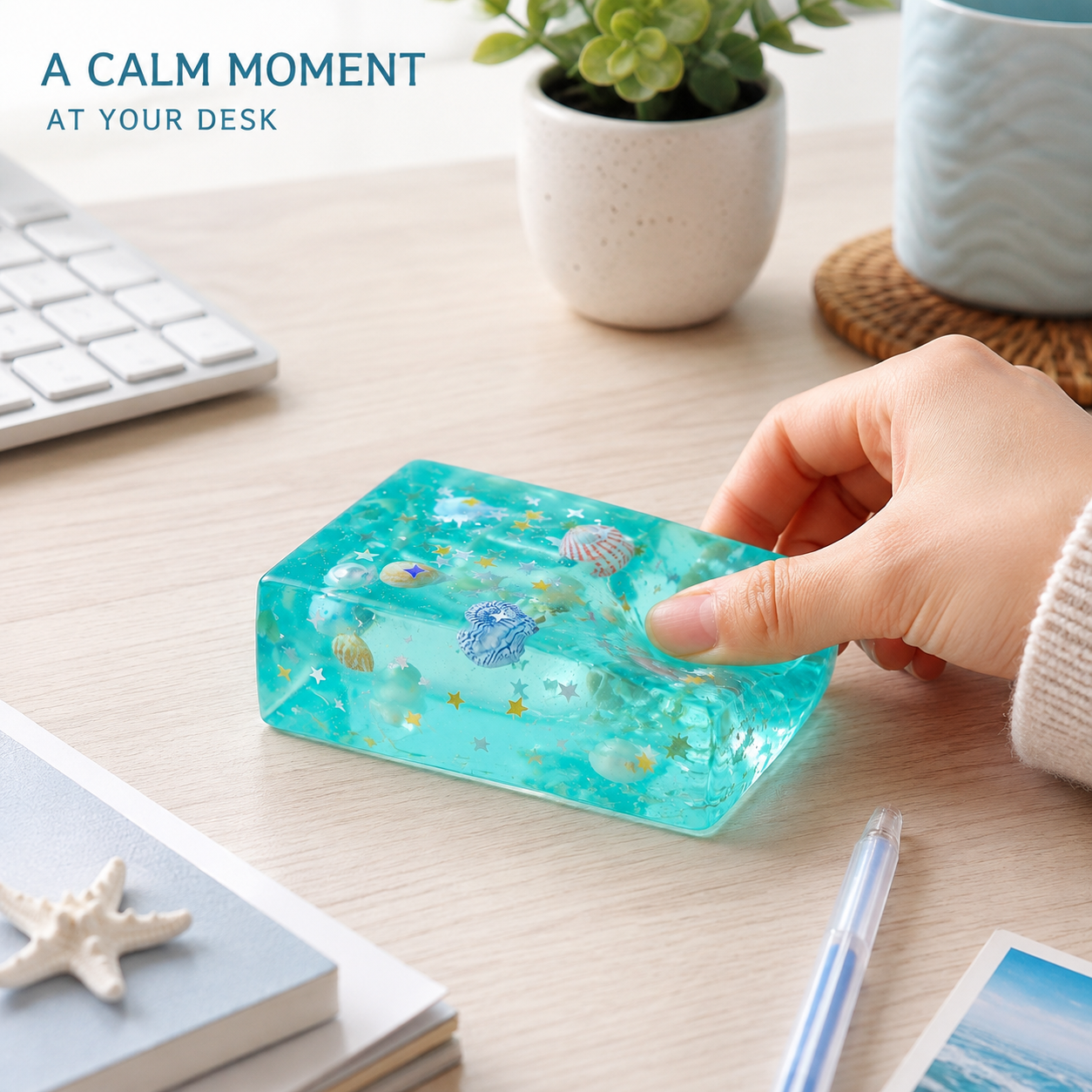 Ocean shell aqua gel block in a bright home-office scene
