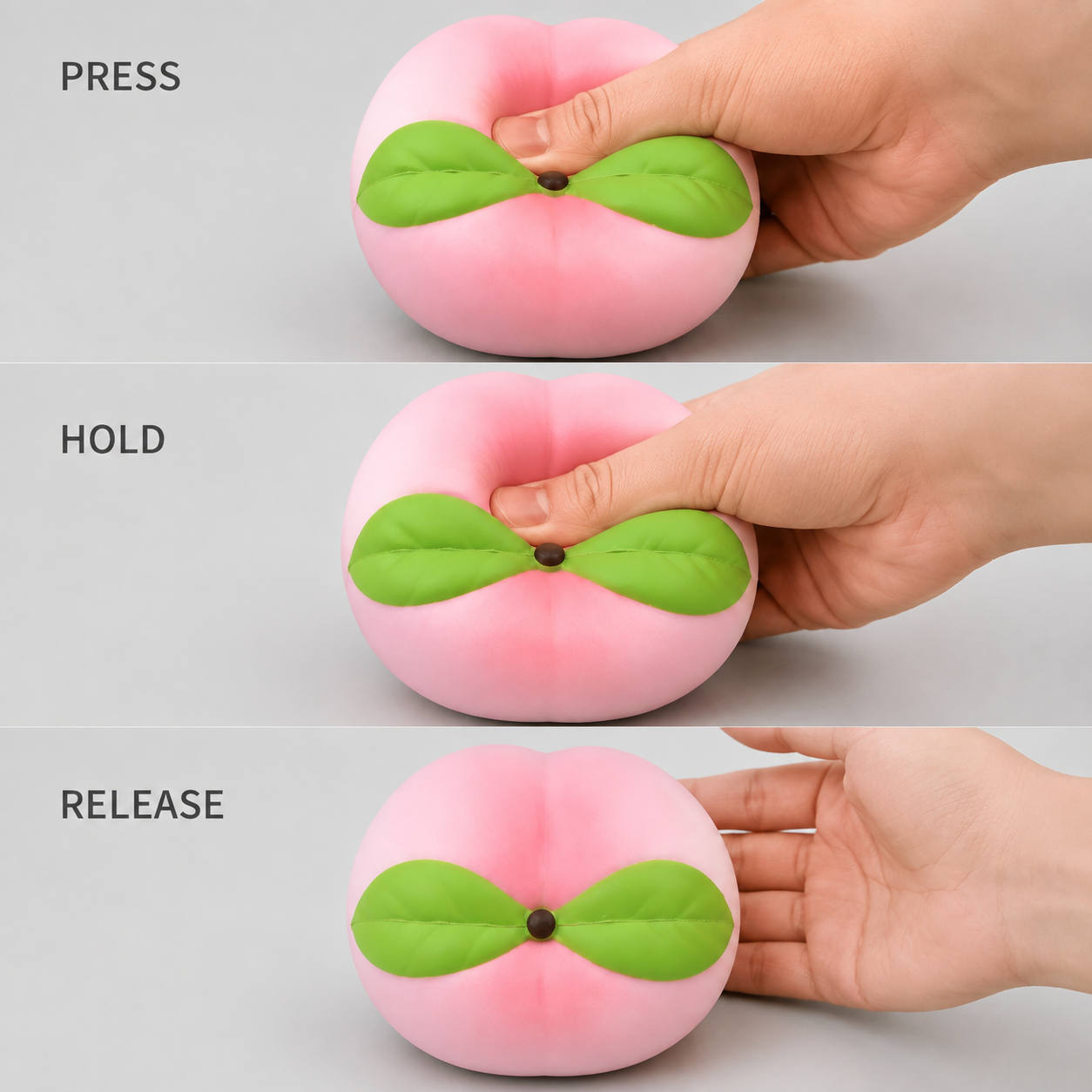 Peach Slow-Rise PU Sensory Squeeze Toy — Squeeze action