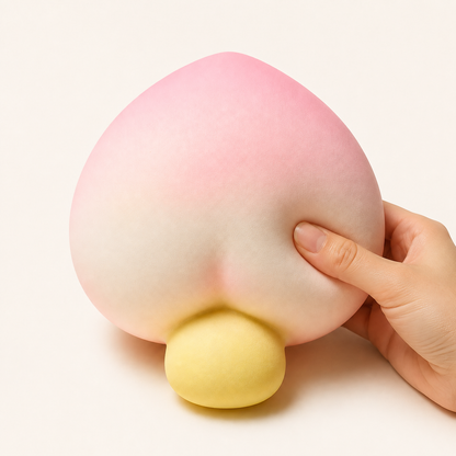Peach character slow-rise squishy with a hand gently squeezing the lower-right side