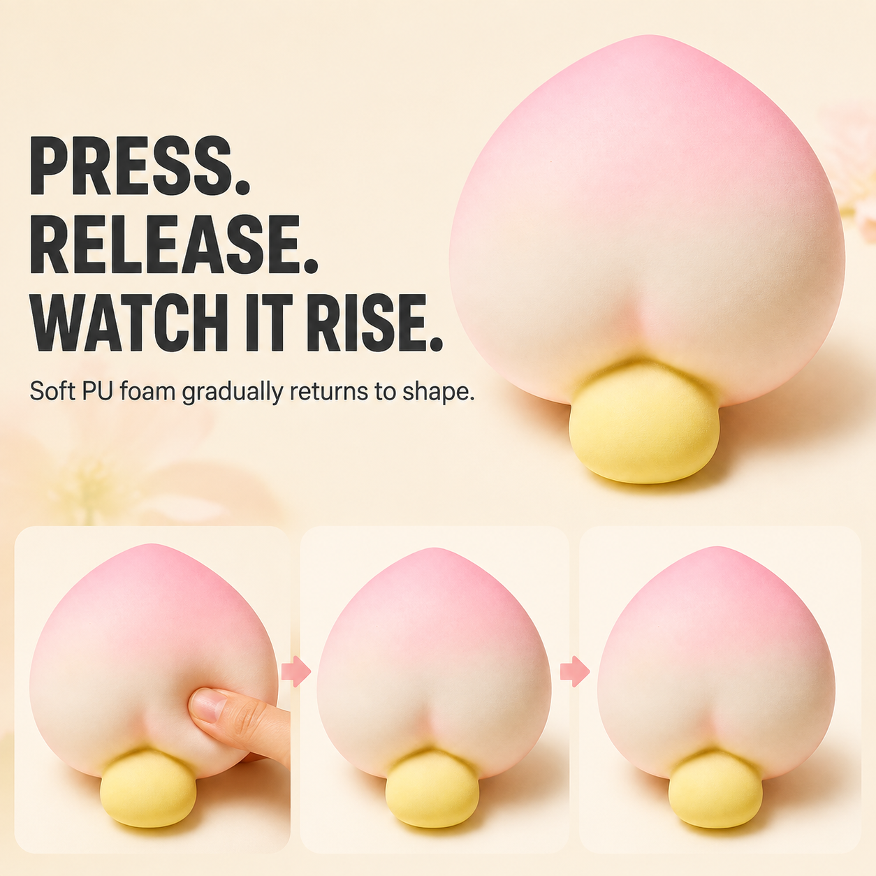 Peach character slow-rise squishy press release and rise action guide