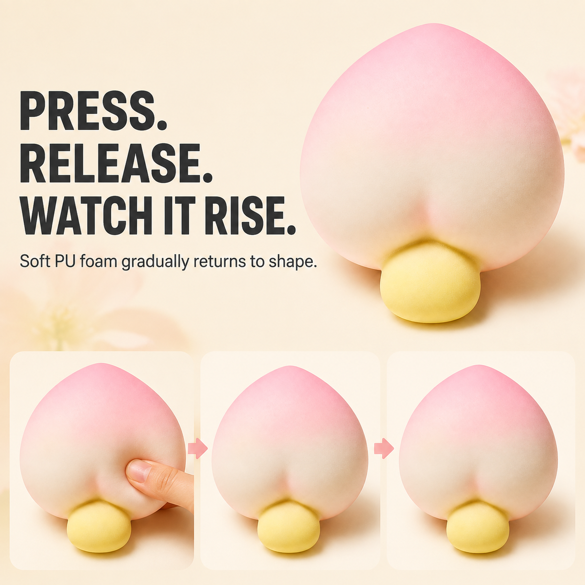 Peach character slow-rise squishy press release and rise action guide