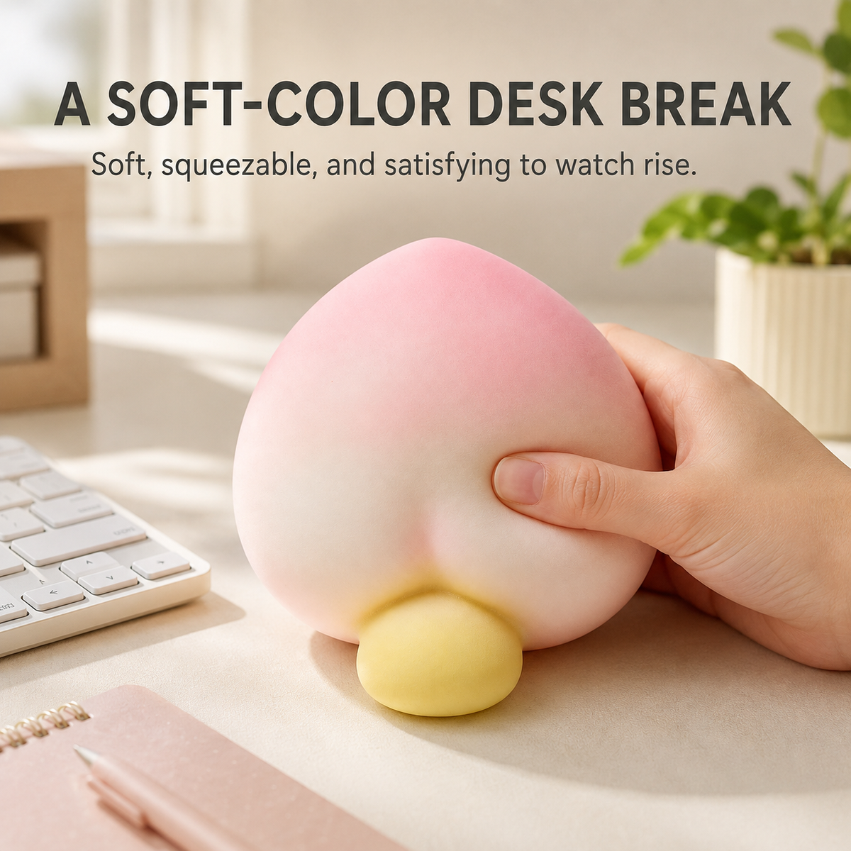 Peach character slow-rise squishy as a soft-color desk break