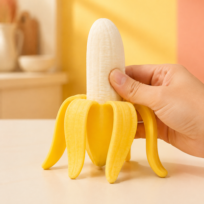 Peeled banana sensory squeeze toy with a hand pressing the same toy