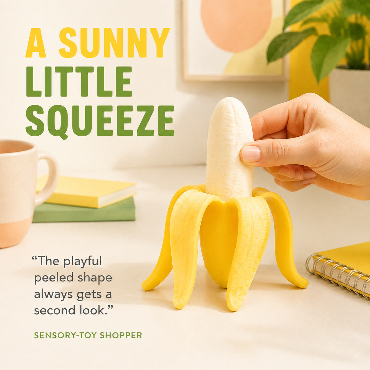 Peeled banana sensory squeeze toy in a sunny desk lifestyle scene