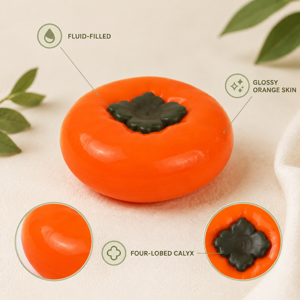 Persimmon fluid-filled sensory squeeze toy features