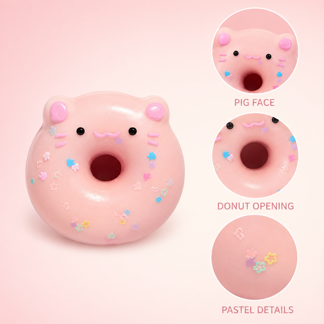 Pink pig face donut opening and pastel decoration details