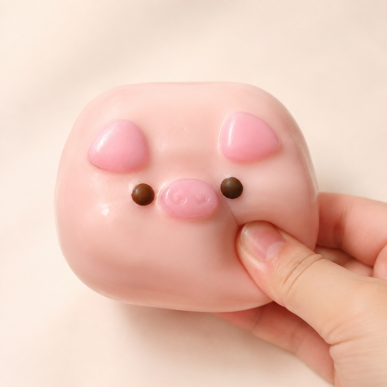 Hand pressing a pink pig-face sensory squeeze toy